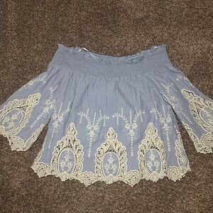 bleuh ciel Powder Blue Off-Shoulder Lace Trim Blouse
